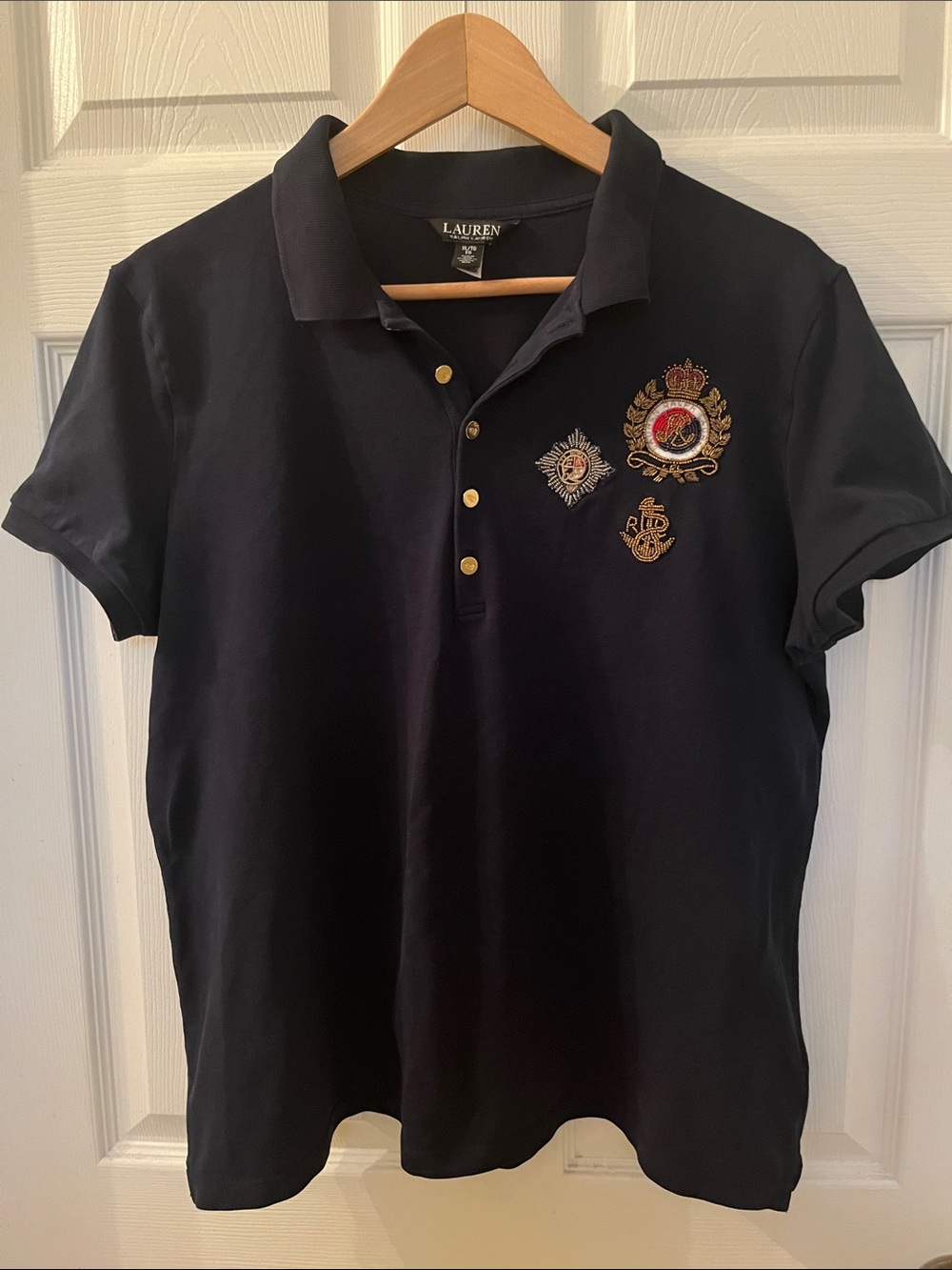 Lauren Ralph Lauren Navy Short-Sleeve Polo with Embroidered Crests Women’s XL